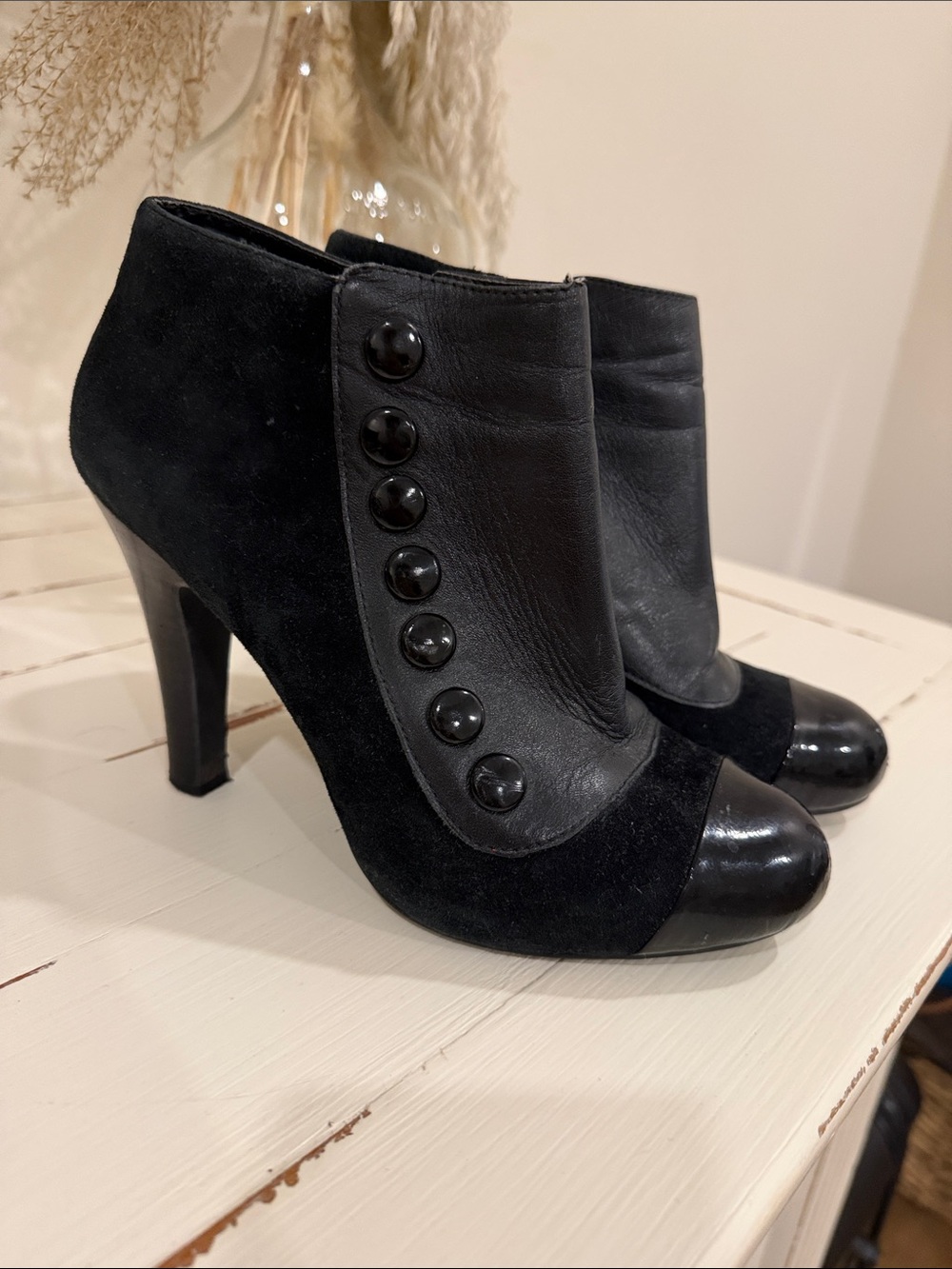 Gianni Bini Black Leather & Suede Button-Accent Ankle Booties